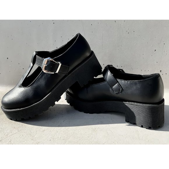 NEW Mary Jane Platform T-Strap Chunky Lug Sole Goth Altercore Loafer Shoes Black - Picture 13 of 14